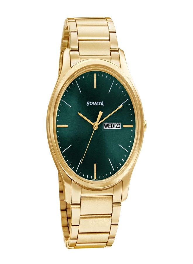 Sonata Essentials Quartz Analog with Day and Date Forest Green Dial Gold Stainless Steel Strap Watch for Men - NT77082YM05W - Image 1