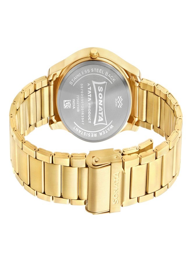 Sonata Essentials Quartz Analog with Day and Date Forest Green Dial Gold Stainless Steel Strap Watch for Men - NT77082YM05W - Image 4