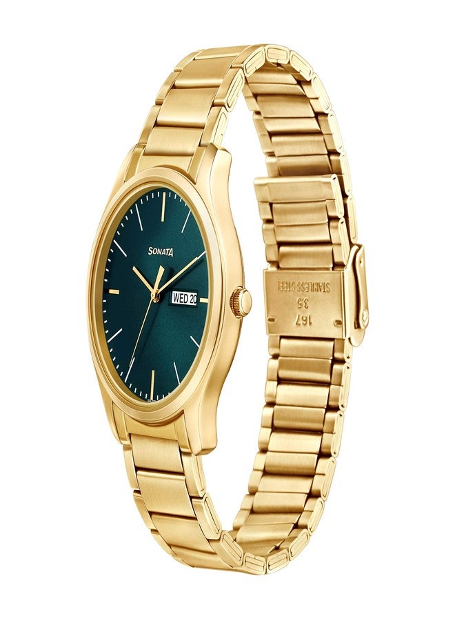 Sonata Essentials Quartz Analog with Day and Date Forest Green Dial Gold Stainless Steel Strap Watch for Men - NT77082YM05W - Image 2