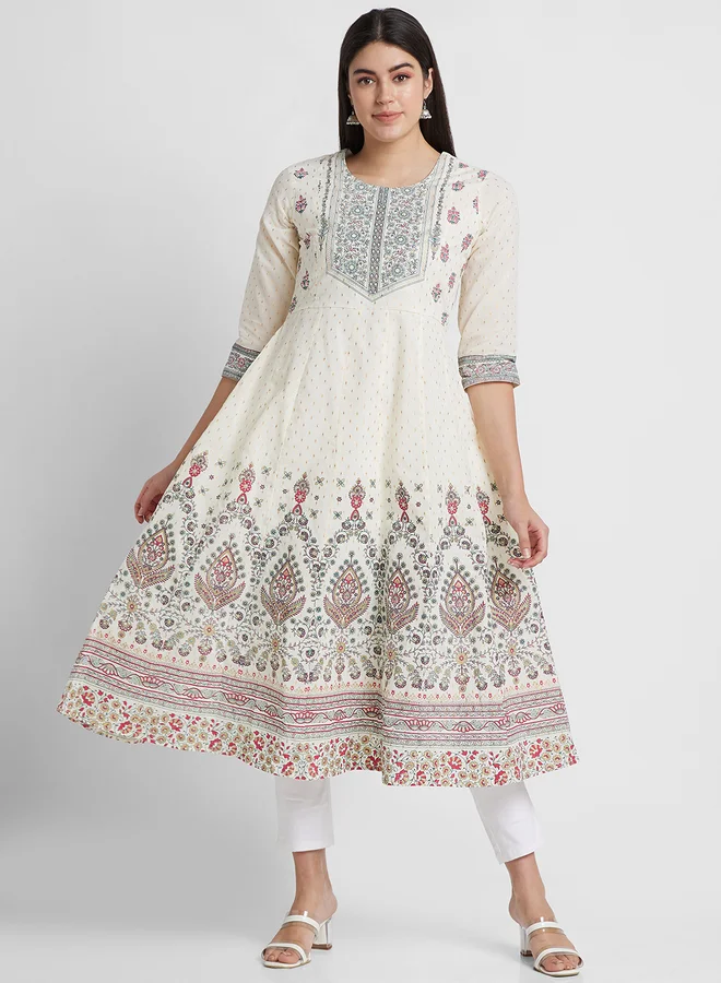globus Globus Off White Printed Round Neck Anarkali Kurta