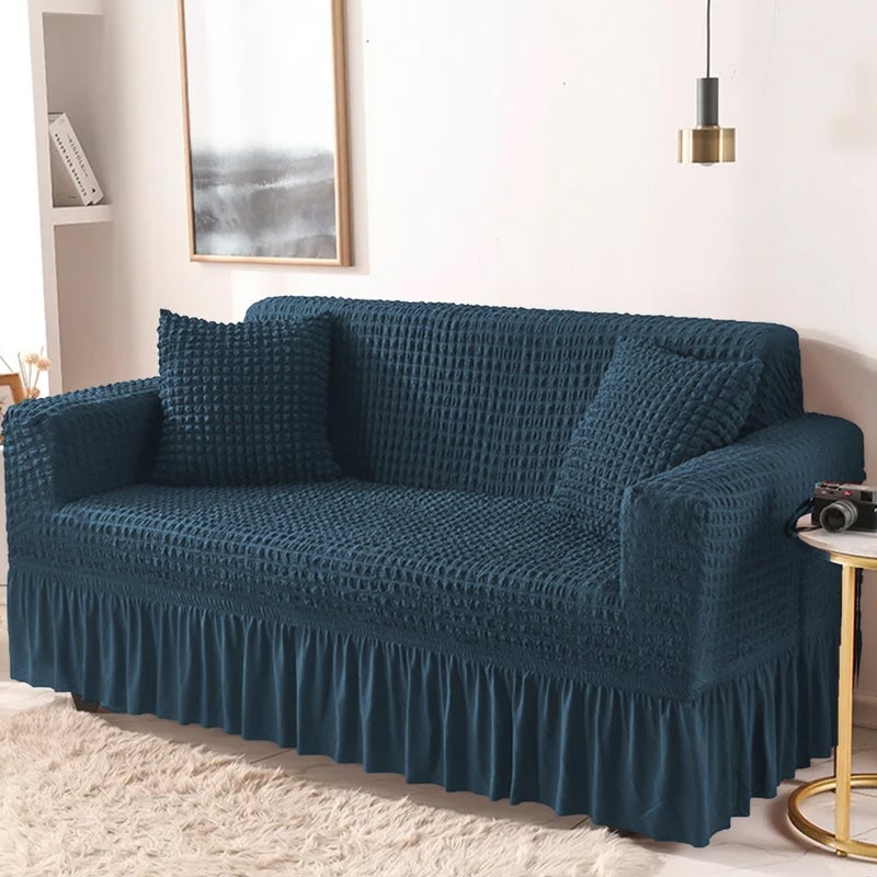 Lukzer 320 GSM Stretchable 3 Seater Turkish Sofa Cover Universal Couch Protector Bubble Fabric with Frill Universal Big Elasticity Slipcover Teal BlueSC10303210260cm - Image 1