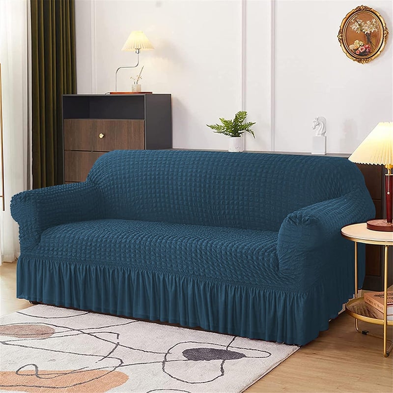 Lukzer 320 GSM Stretchable 3 Seater Turkish Sofa Cover Universal Couch Protector Bubble Fabric with Frill Universal Big Elasticity Slipcover Teal BlueSC10303210260cm - Image 5
