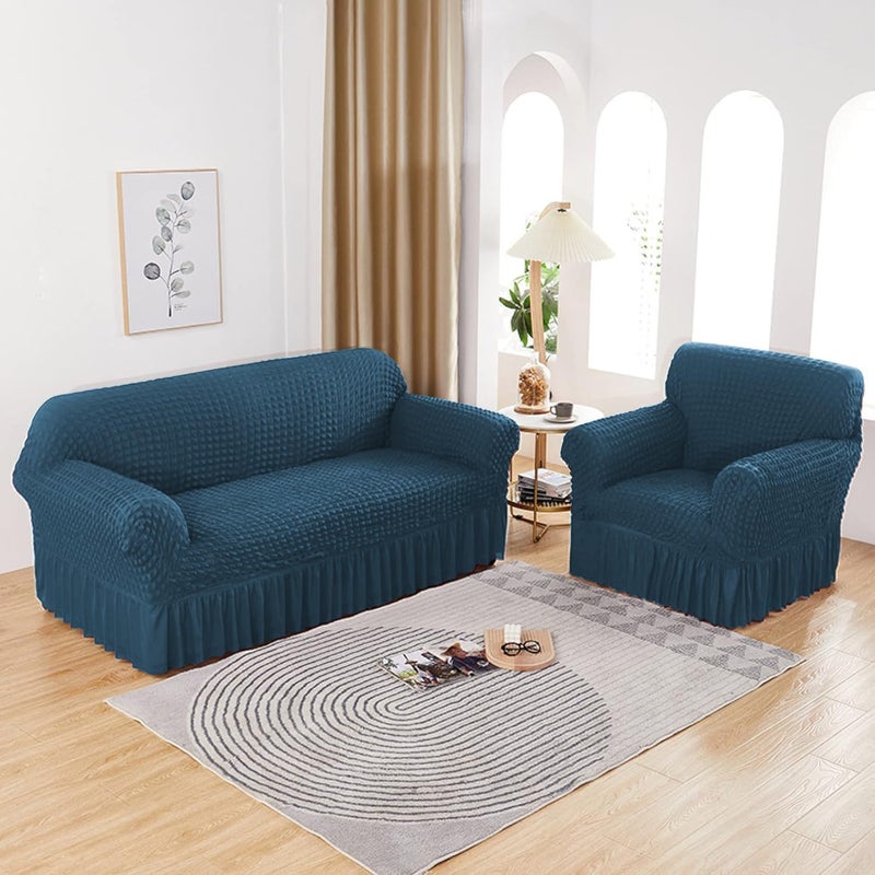 Lukzer 320 GSM Stretchable 3 Seater Turkish Sofa Cover Universal Couch Protector Bubble Fabric with Frill Universal Big Elasticity Slipcover Teal BlueSC10303210260cm - Image 2