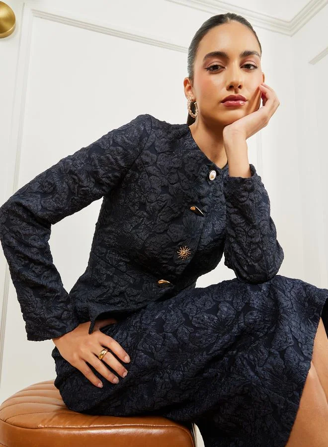 Black Jacquard Top with Button Decor