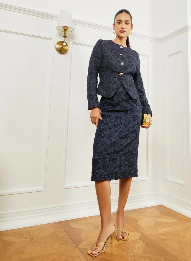 Styli Black Jacquard Top with Button Decor