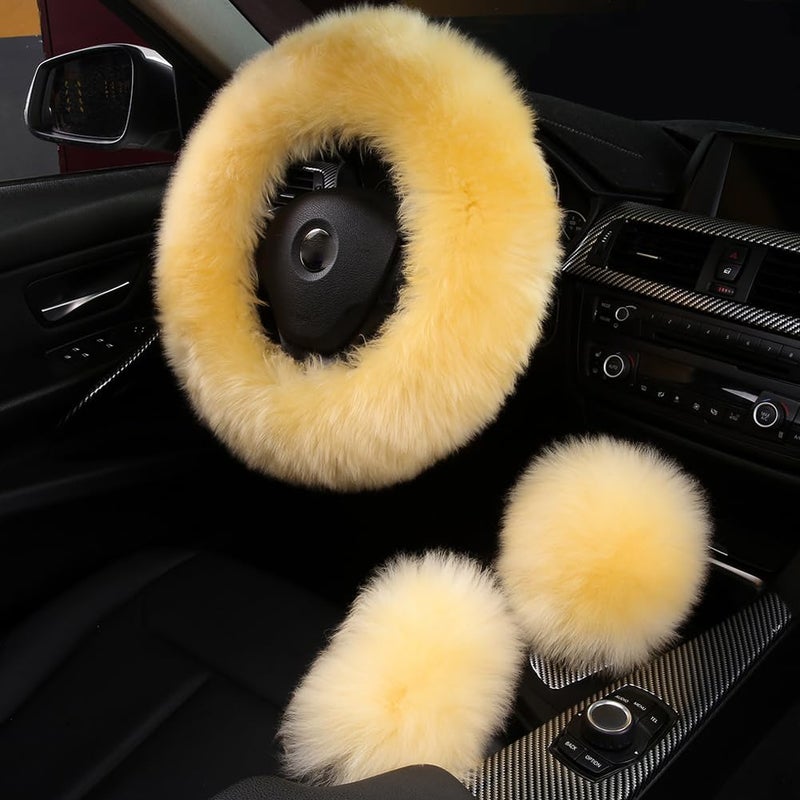 AOGELAN 3Pcs Set Fashion Fluffy Fuzzy Wool Fur Soft Car Steering Wheel Cover with Handbrake Cover & Gear Shift Cover for Women/Girls/Ladies Auto Long Wool Accessories - Image 1