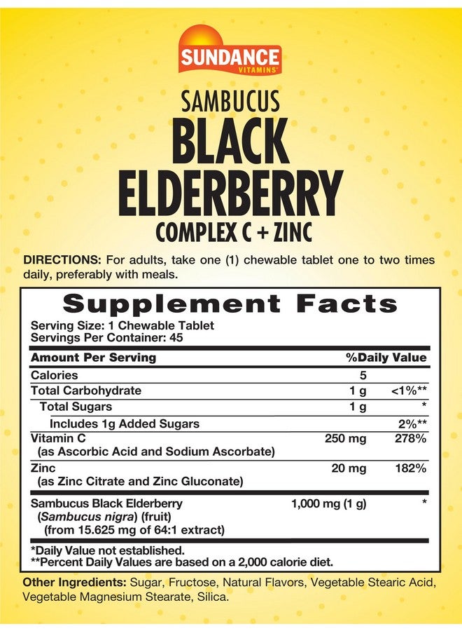 Sundance Sambucus Black Elderberry Complex | with Vitamin C and Zinc | 45 Chewable Tablets | Natural Berry Flavor | Vegetarian, Non-GMO, and Gluten Free Supplement - Image 2