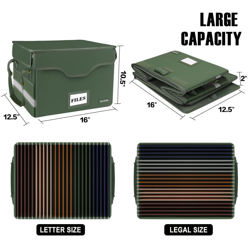 DocSafe Fireproof Document Box with Lock,File Storage Organizer with Pockets,Collapsible Portable File Box Home Office Safe Filing Cabinet with Handle for Hanging Letter/Legal Folders,Green,2 Pack - Image 5