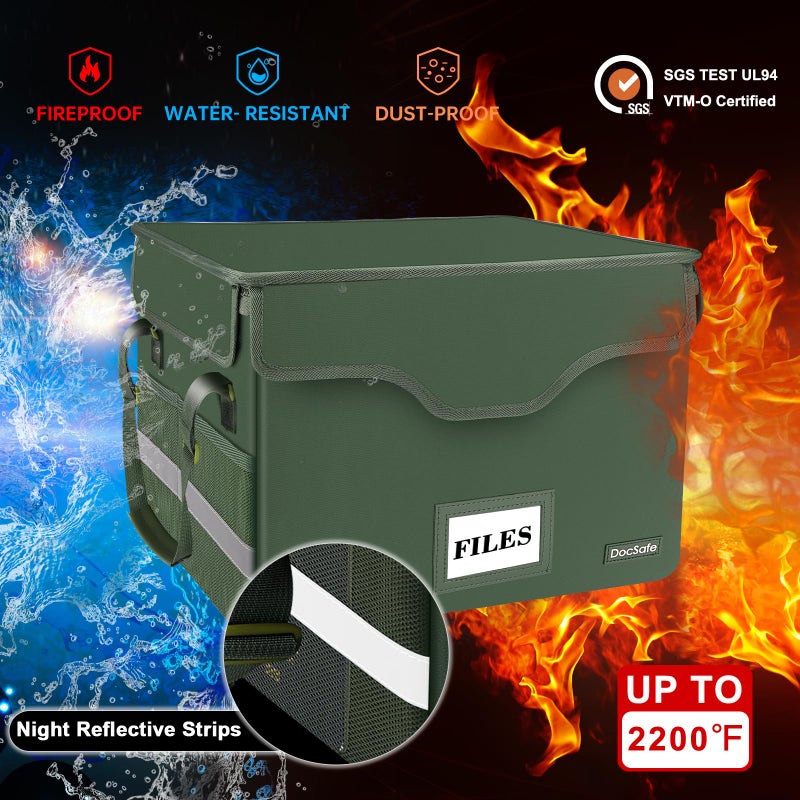 DocSafe Fireproof Document Box with Lock,File Storage Organizer with Pockets,Collapsible Portable File Box Home Office Safe Filing Cabinet with Handle for Hanging Letter/Legal Folders,Green,2 Pack - Image 3