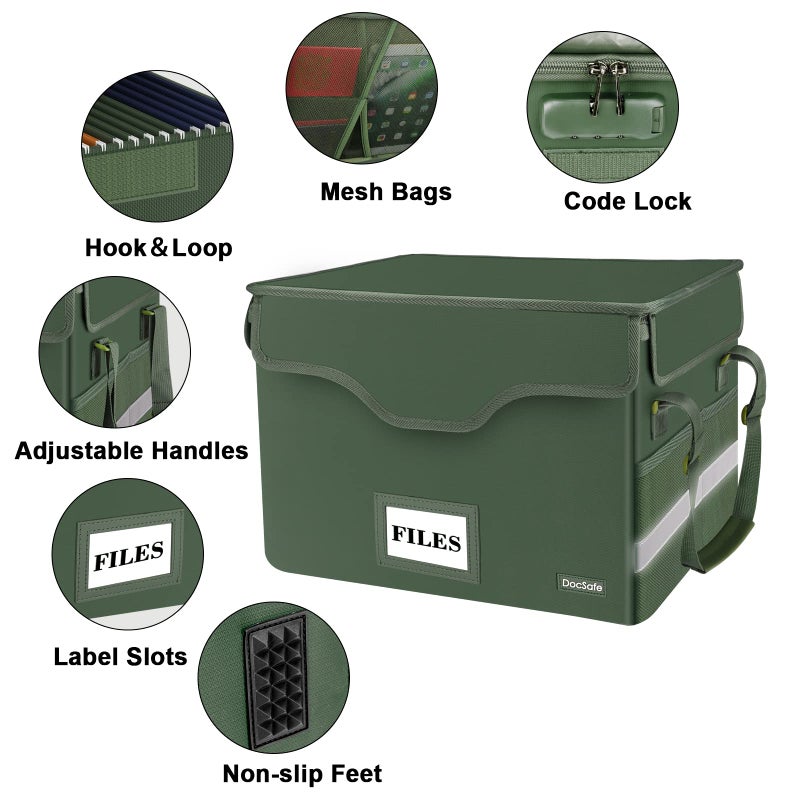 DocSafe Fireproof Document Box with Lock,File Storage Organizer with Pockets,Collapsible Portable File Box Home Office Safe Filing Cabinet with Handle for Hanging Letter/Legal Folders,Green,2 Pack - Image 4