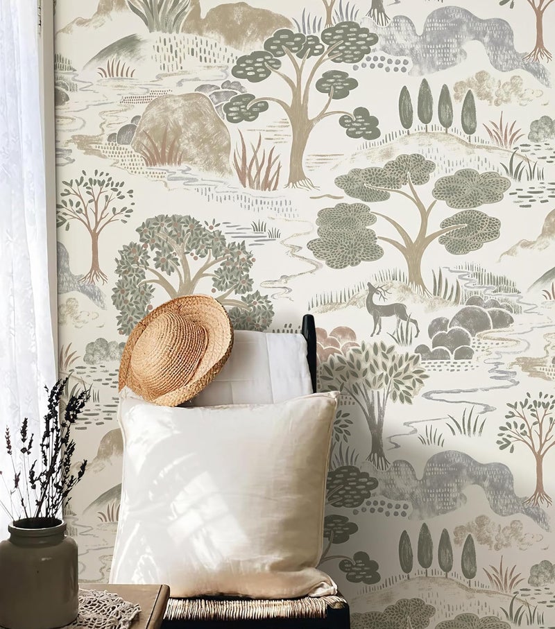 Erfoni 169x118 Boho Peel and Stick Wallpaper Forest GreenBrownWhite Contact Paper DIY Self Adhsive Wallpaper Waterproof Removable Peel and Stick Wall Paper for Bedroom Accent Walls Decor