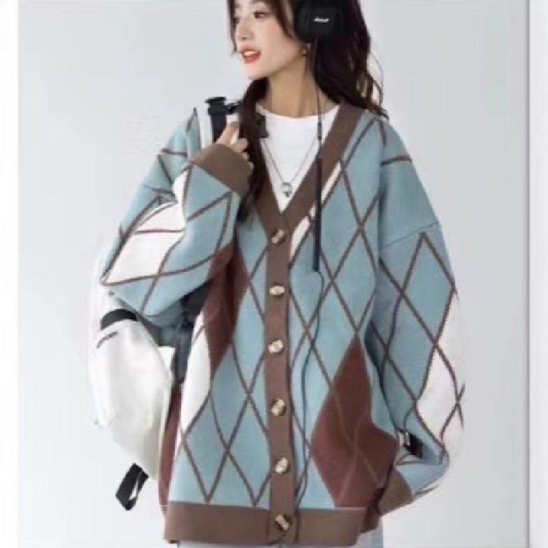 2024 Japanese and Korean Style Retro Brown Rhomboid Cardigan Sweater Womens Spring and Autumn New Loose Lazy Style Knitwear Jacket Apricot  - Image 2