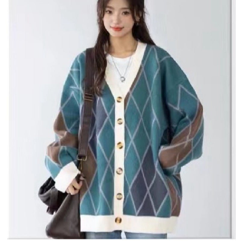 2024 Japanese and Korean Style Retro Brown Rhomboid Cardigan Sweater Womens Spring and Autumn New Loose Lazy Style Knitwear Jacket Apricot  - Image 3