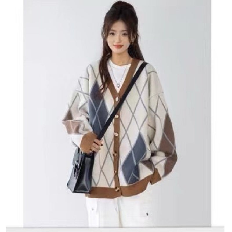 2024 Japanese and Korean Style Retro Brown Rhomboid Cardigan Sweater Womens Spring and Autumn New Loose Lazy Style Knitwear Jacket Apricot  - Image 1