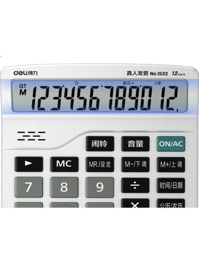 Deli 12-Digit Scientific Calculator With Alarm And Voice Function For Office Desk, Student/Office Mental Math, White, 1532 - Image 1