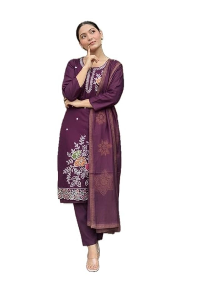 Yashika Women’s Silk Blend Kurta Set with Dupatta, Traditional Ethnic Wear Kurtis for Women|Purple|L - Image 1