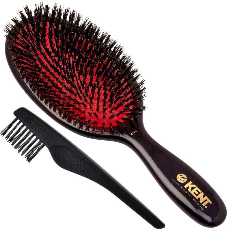 Kent CSFL Classic Shine Large Oval Cushion Straightening Brush and Hair Detangler - Natural Black Boar Bristle Hair Brush - Shine Hair Brush and Scalp Scrubber for Long Thick Hair + Hairbrush Cleaner - Image 1