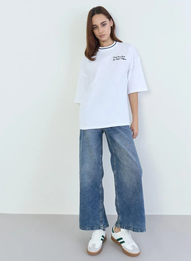 Styli Oversized White Embroidered T-Shirt