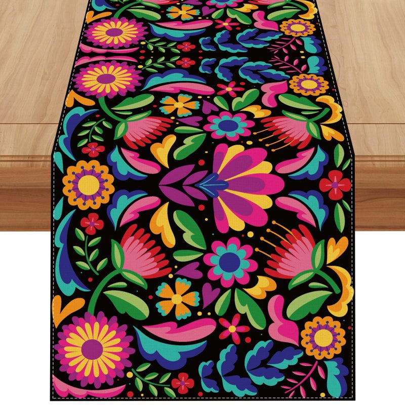 Jiudungs Linen Mexican Fiesta Table Runner 36 Inches Long Cinco De Mayo Tablecloth Dia De Los Muertos Decor Day of The Dead Decorations and Supplies for Home