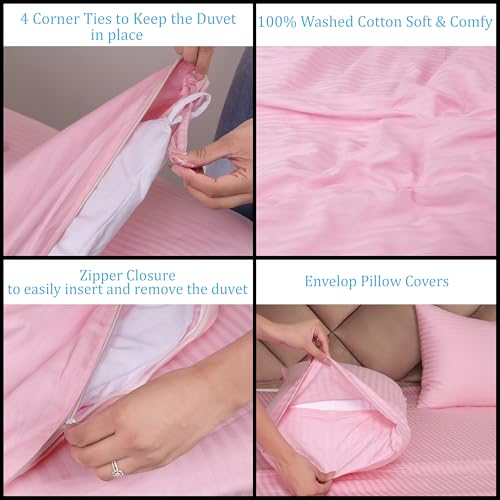 Daksh Premium Cotton 300TC Stain Striped Double Size Duvet Cover/Quilt/Razai/Comforter Cover 91" x 101"- Pink - Image 3