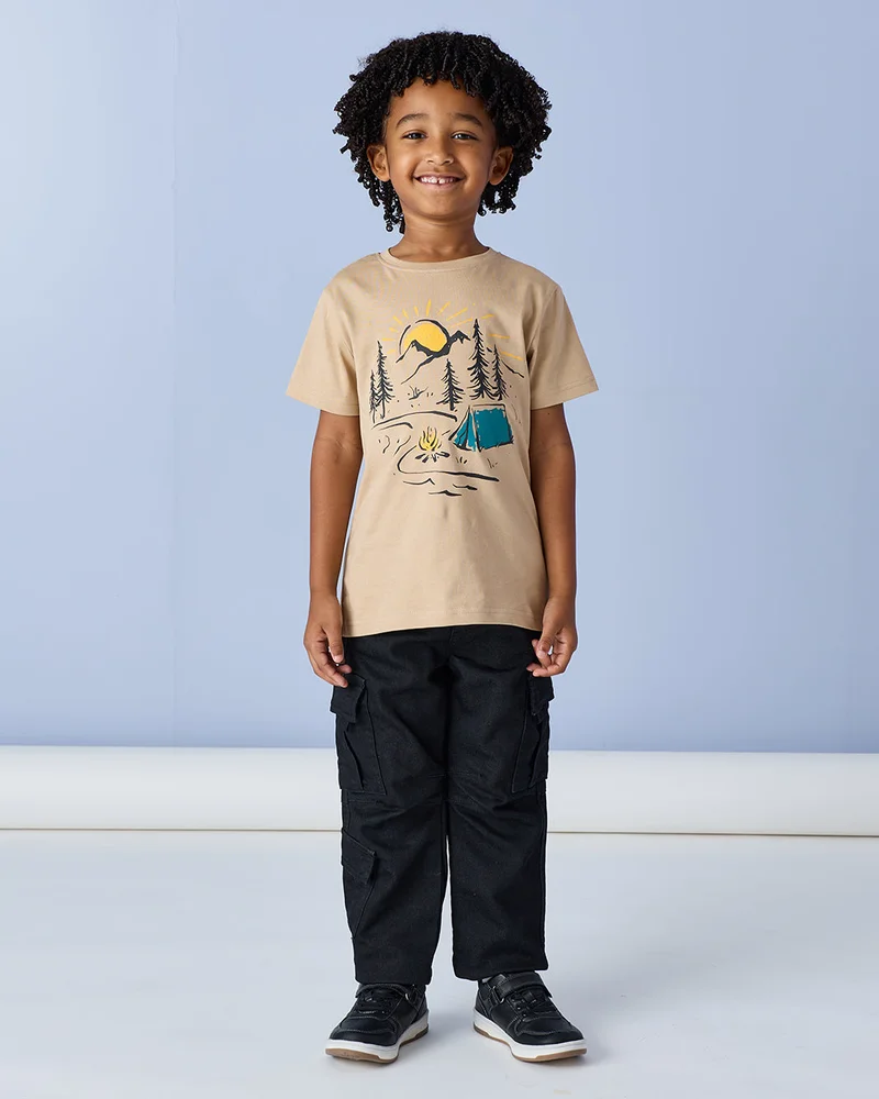 Redtag Boys Beige Printed T-Shirt