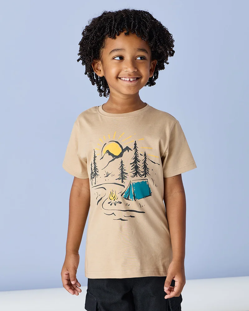 Redtag Boys Beige Printed T-Shirt