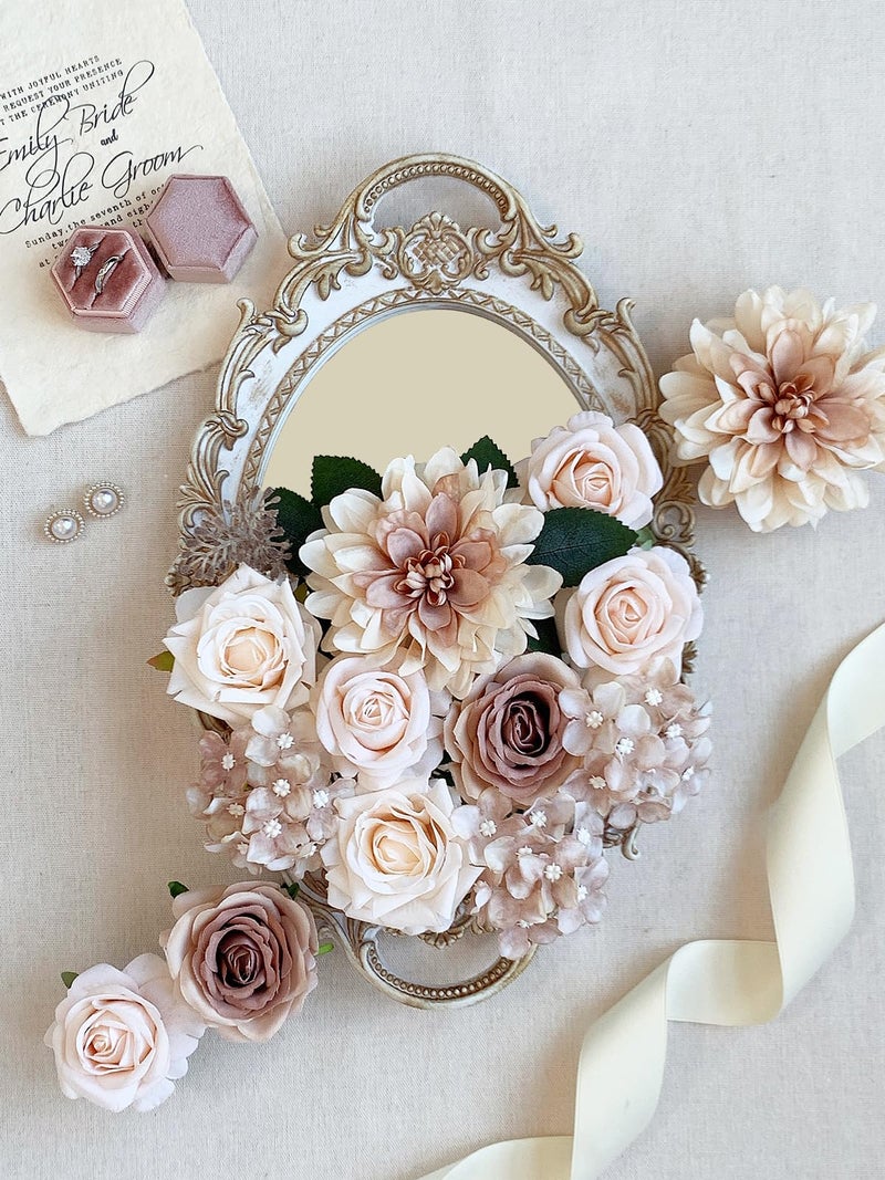FACINOC Roses Artificial Flowers Bouquets Box Set for DIY Bridal Wedding Shower Decorations Centerpieces for Table Fake Floral Arrangement for Party Home Decor Indoor Taupe Beige - Image 2