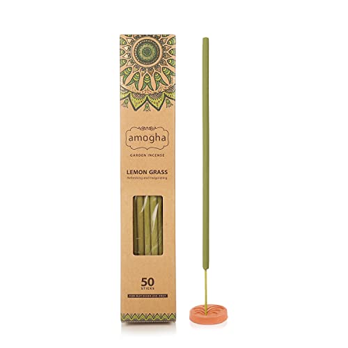 Amogha Lemongrass Incense Sticks with Terracotta Holder, 50 Sticks | 16" Inch Agarbatti Sticks with 2 Hours Burning time | Garden Incense Sticks | Purifying & Stimulating | Zero Carbon - Image 1