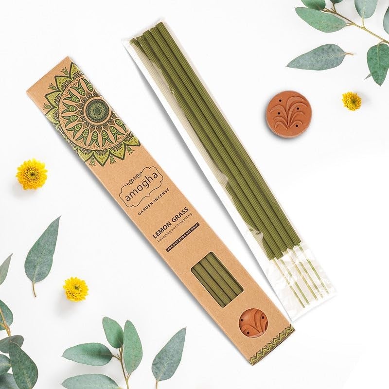 Amogha Lemongrass Incense Sticks with Terracotta Holder, 50 Sticks | 16" Inch Agarbatti Sticks with 2 Hours Burning time | Garden Incense Sticks | Purifying & Stimulating | Zero Carbon - Image 4