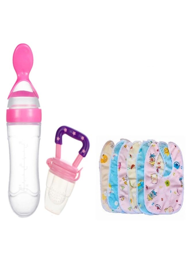 Joy Buzz Baby Feeding Product | Fruit Feeder Teether (1 Pcs) with 1 PCS Silicone Baby Food Dispensing Spoon 90ML and 6 Pcs Bib Set Combo Pack (Set of 8 Pink) - Image 1
