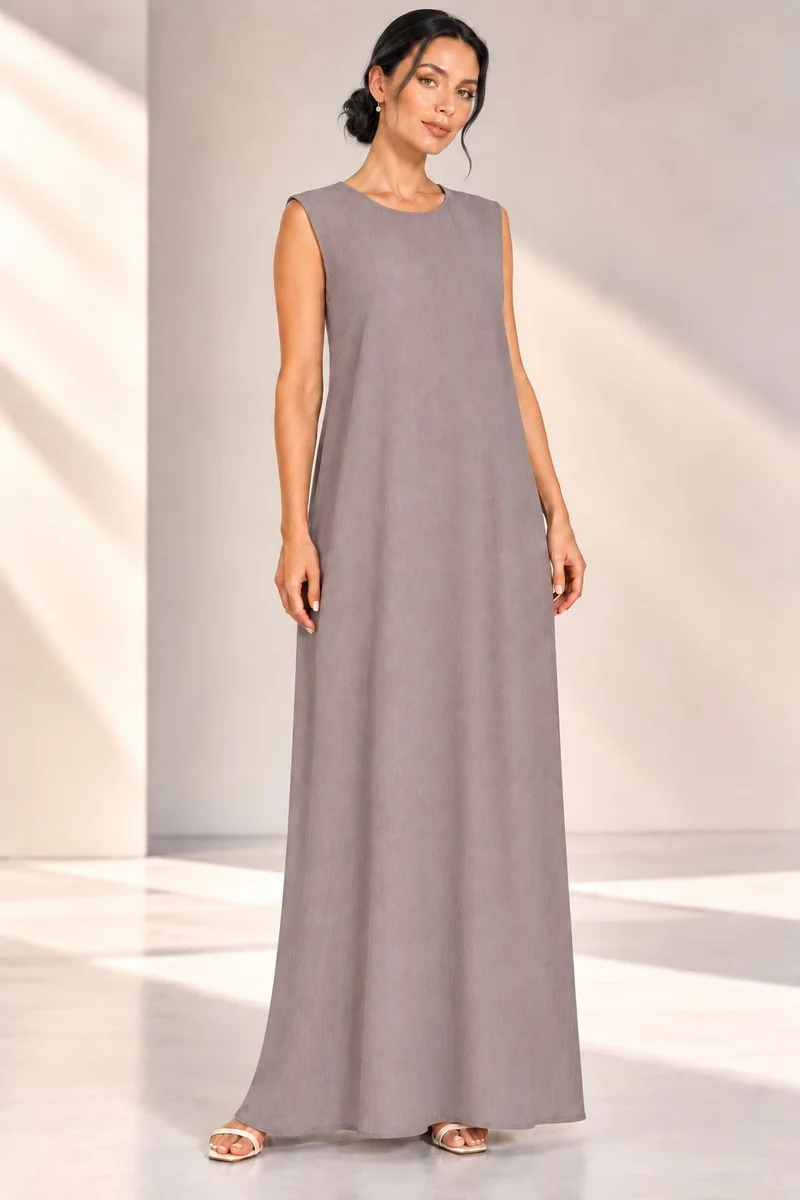 Nikias Nikias Grey Sleeveless Maxi Inner Dress for Women – Straight Cut, Round Neck