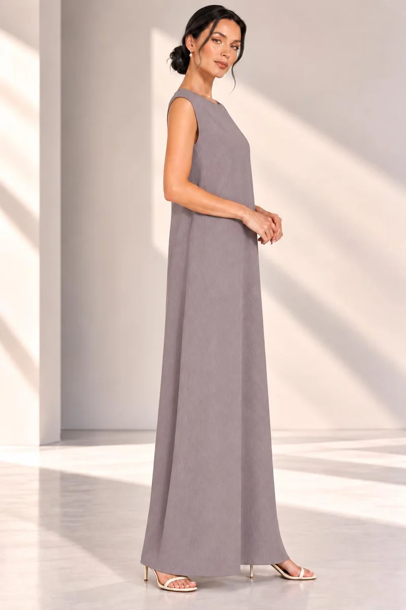 Nikias Nikias Grey Sleeveless Maxi Inner Dress for Women – Straight Cut, Round Neck