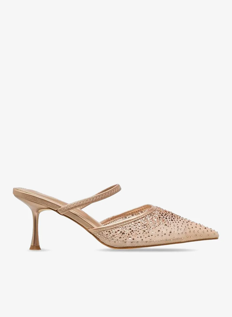 Flora Bella By Shoexpress ROSE GOLD Flora Bella Women Embellished Flared Heel Mules for Women | Best Price UAE