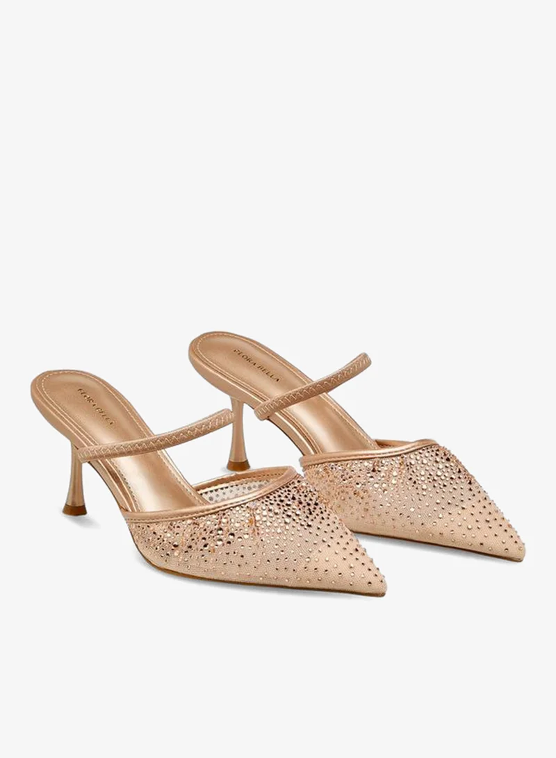 Flora Bella By Shoexpress ROSE GOLD Flora Bella Women Embellished Flared Heel Mules for Women | Best Price UAE