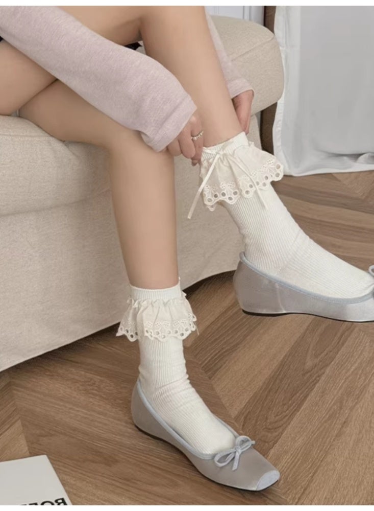 الدانتيل الدانتيل الشريط التعادل المد والجزر الجوارب النساء رمادي الحليب الأبيض 【2 أزواج】 - Image 2