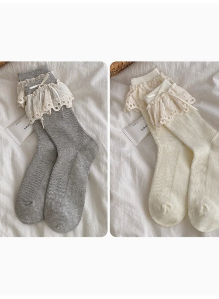 الدانتيل الدانتيل الشريط التعادل المد والجزر الجوارب النساء رمادي الحليب الأبيض 【2 أزواج】 - Image 1