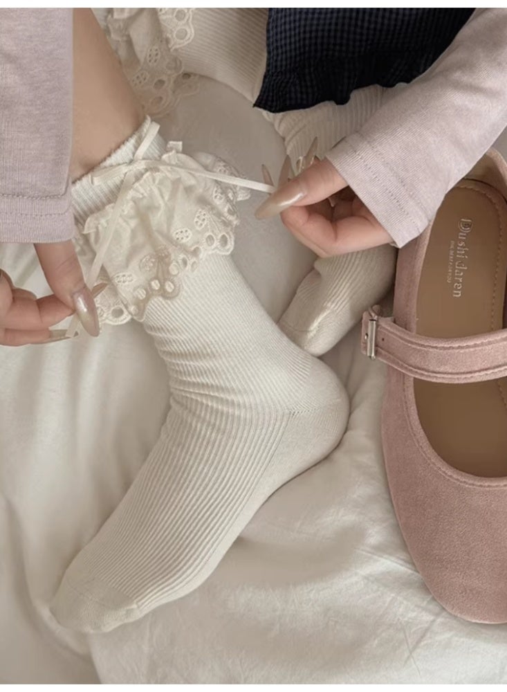 الدانتيل الدانتيل الشريط التعادل المد والجزر الجوارب النساء رمادي الحليب الأبيض 【2 أزواج】 - Image 4