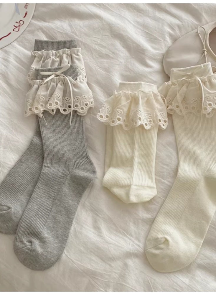 الدانتيل الدانتيل الشريط التعادل المد والجزر الجوارب النساء رمادي الحليب الأبيض 【2 أزواج】 - Image 5
