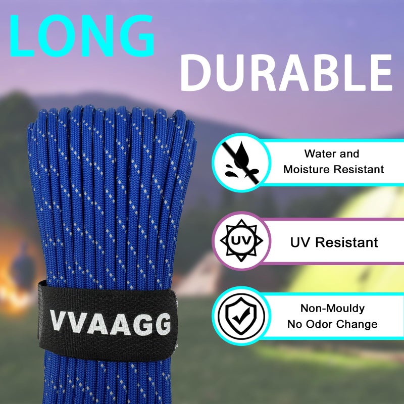 VVAAGG Reflective Paracord Rope 100FT, 7 Strand Nylon para Cord Lanyard Utility 550 Parachute Cord, 4mm Thin Tent Rope for Outdoor Camping Hiking (Blue) - Image 2