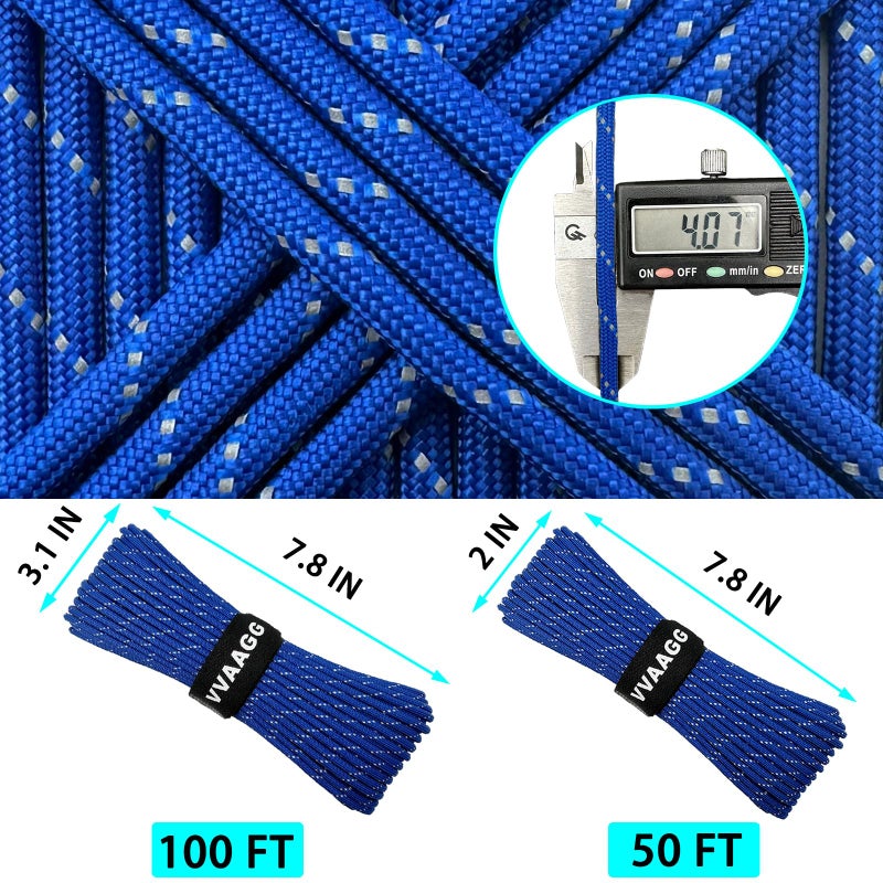 VVAAGG Reflective Paracord Rope 100FT, 7 Strand Nylon para Cord Lanyard Utility 550 Parachute Cord, 4mm Thin Tent Rope for Outdoor Camping Hiking (Blue) - Image 4