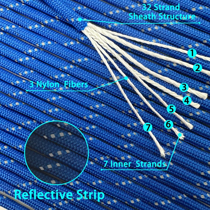 VVAAGG Reflective Paracord Rope 100FT, 7 Strand Nylon para Cord Lanyard Utility 550 Parachute Cord, 4mm Thin Tent Rope for Outdoor Camping Hiking (Blue) - Image 3