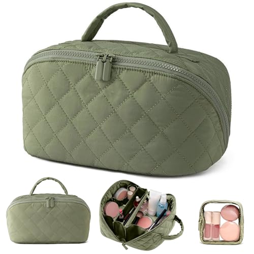 Kezzfpa Makeup Bag, Quilted Makeup Bag, Cosmetic Organizer Bag, Travel Makeup Bag, Waterproof Pouch Toiletry Bag for Women Makeup Organizer Case (Green) - Image 1