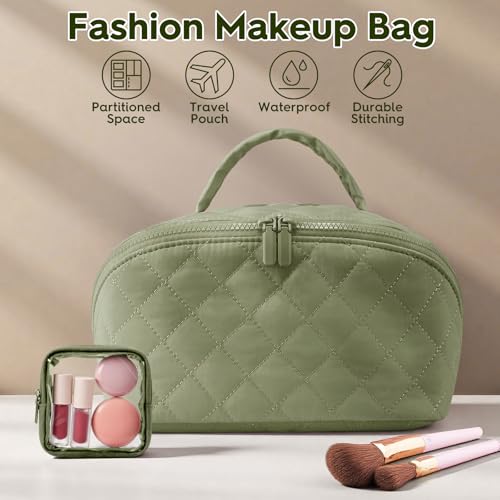Kezzfpa Makeup Bag, Quilted Makeup Bag, Cosmetic Organizer Bag, Travel Makeup Bag, Waterproof Pouch Toiletry Bag for Women Makeup Organizer Case (Green) - Image 4