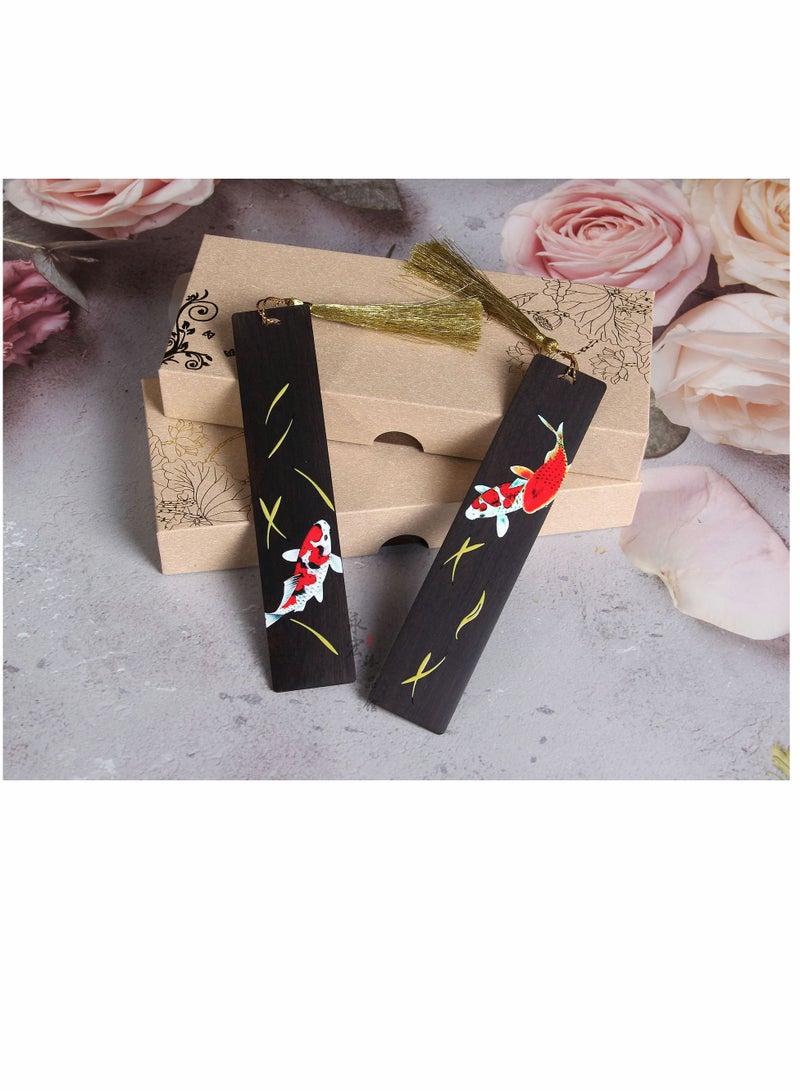 SYOSI Bookmarks, Ebony Koi Painted Bookmarks Yearly Bookmarks, Handmade Wooden Bookmark, Set-with Beautiful Red Bead Charm and Gift Box-Unique Gift - Image 3