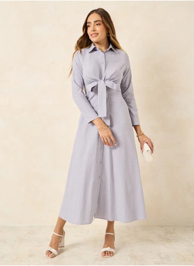 Styli Striped Front Tie Up Shirt Maxi Dress