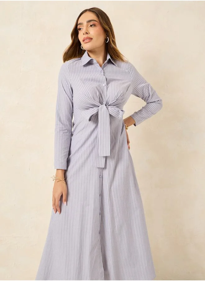 Styli Striped Front Tie Up Shirt Maxi Dress