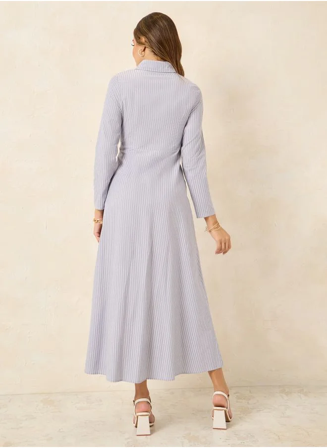 Styli Striped Front Tie Up Shirt Maxi Dress