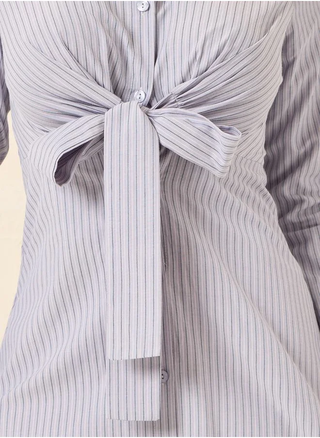Styli Striped Front Tie Up Shirt Maxi Dress