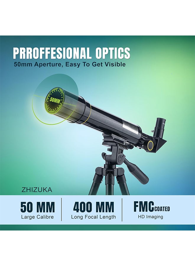 ZHIZUKA Renewed - Zhizuka ZH400 Telescope 50mm Aperture 400mm Refractor with Phone Mount and Long Portable Tripod Stand Astronomical Refracting Scope for Kids Beginners and Adults with Phone Adapter - Image 3
