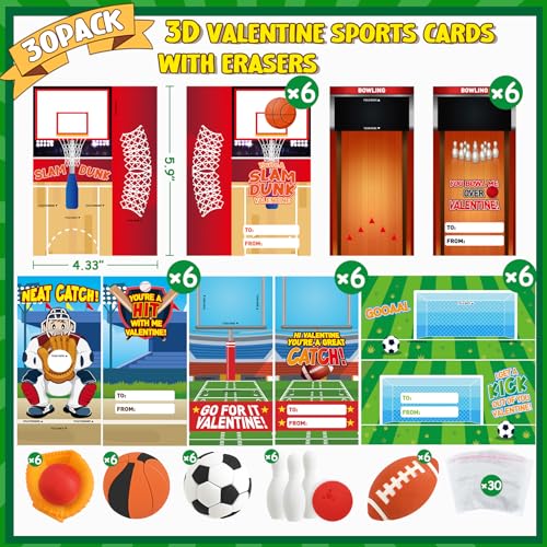Ellinjan 30 Pack Valentine Sports Cards for Kids with Mini Sports Ball Erasers Bulk Valentines Party Favors Fun Classroom Gifts Boys Girls School Class Game Prize - Image 5